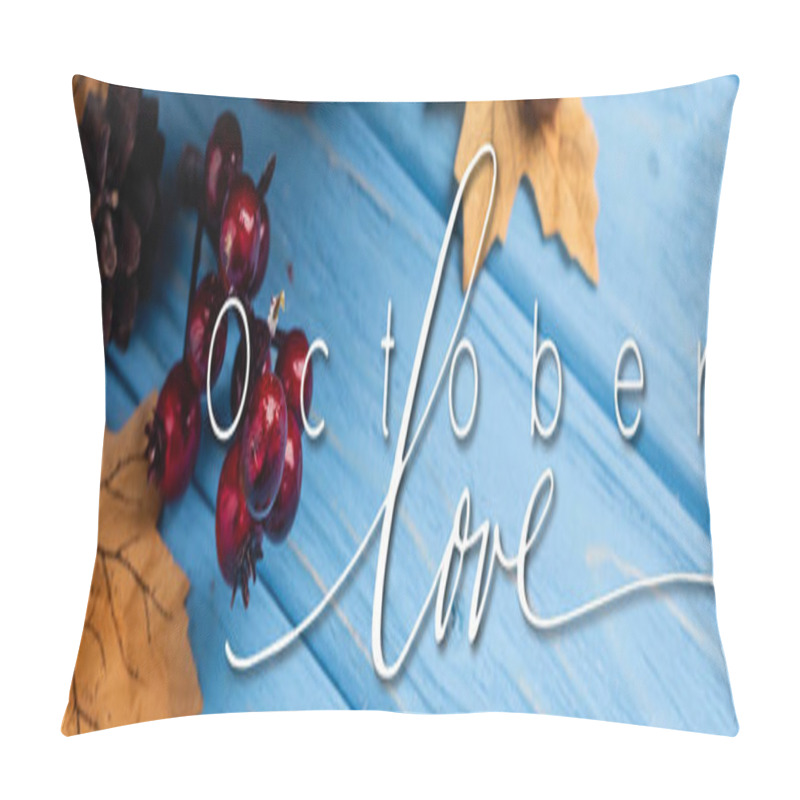 Personality  Panoramic Concept Of Autumnal Leaves, Berries, Acorns And Cones Near October Love Lettering On Blue Wooden Background Pillow Covers