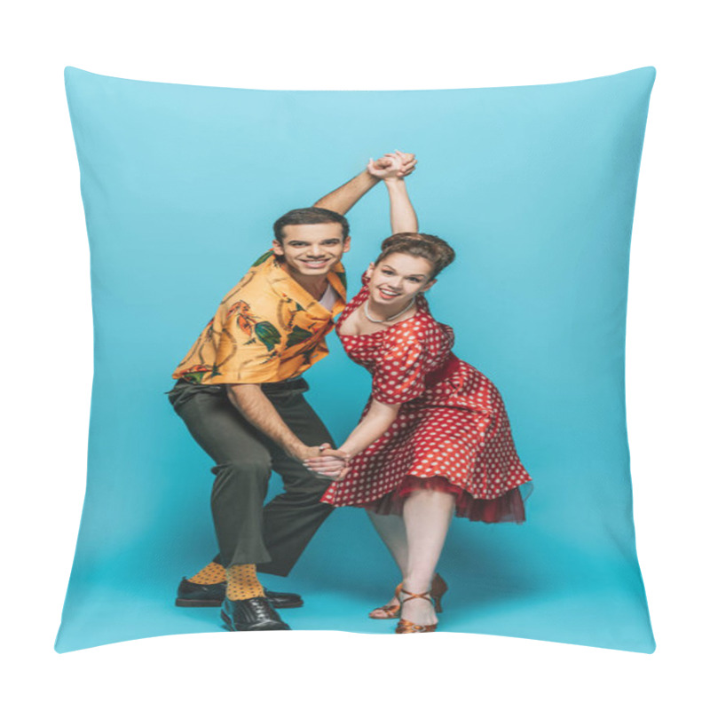 Personality  Elegant Dancers Holding Hands While Dancing Boogie-woogie On Blue Background Pillow Covers