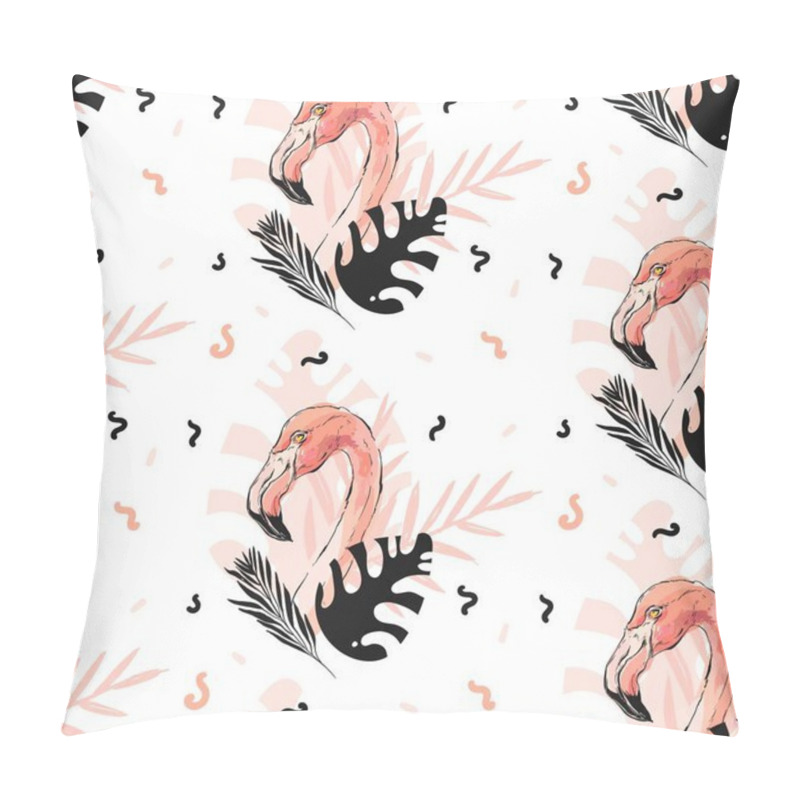 Personality  Hand Drawn Vector Abstract Graphic Freehand Textured Sketch Pink Flamingo And Tropical Palm Leaves Drawing Illustration Seamless Pattern With Modern Confetti Elements Isolated On White Background Pillow Covers