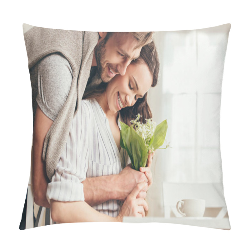 Personality  Couple Hugging And Holding Flowers At Home Pillow Covers