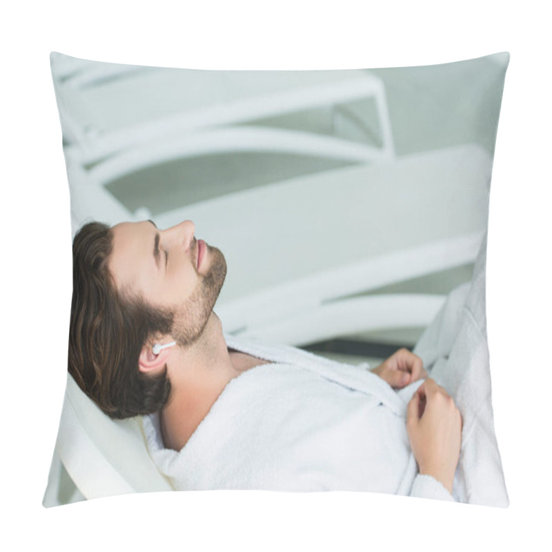 Personality  Man In Wireless Earphone Relaxing On Deck Chair In Spa Center  Pillow Covers