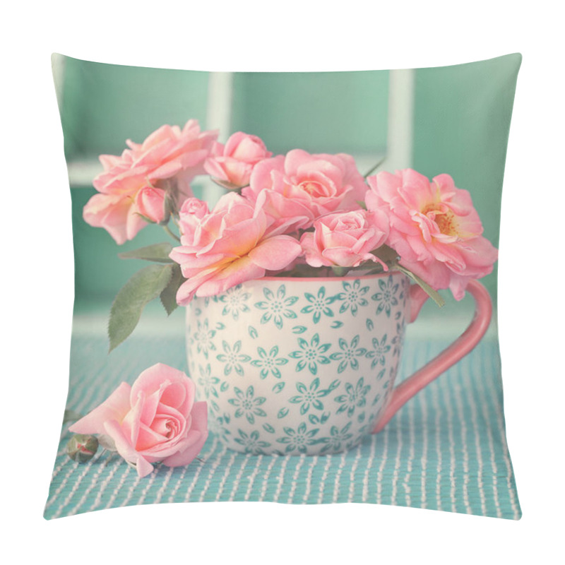 Personality  Beautiful Fresh Roses In A Porcelain Cup On A Green Background .  Pillow Covers