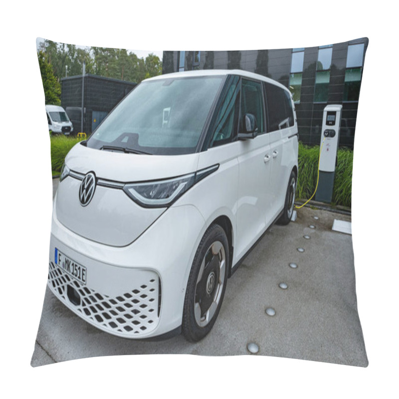 Personality  Classic White Electric Bus Volkswagen ID Buzz Charging, Old-school Cool Meets New-school Fuel, Automotive Pop Culture Nostalgia 1960s, Volkswagen Group, Frankfurt, Germany - July 26, 2024 Pillow Covers