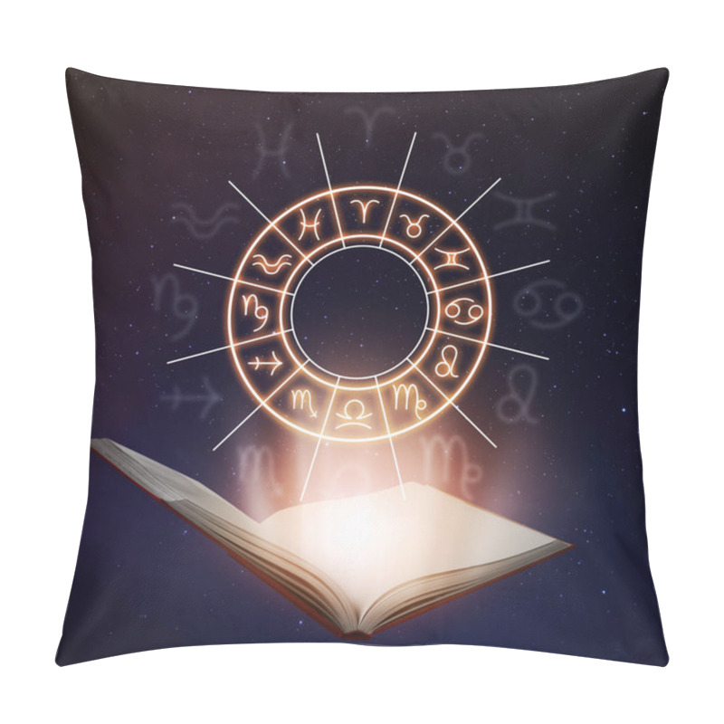 Personality  Open Book, Illustration Of Zodiac Wheel With Astrological Signs And Starry Sky At Night Pillow Covers