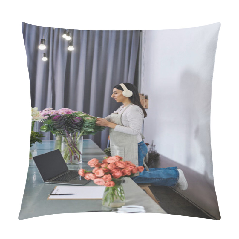 Personality  A Creative Florist Organizes Vibrant Blooms While Managing Her Small Business Tasks. Pillow Covers