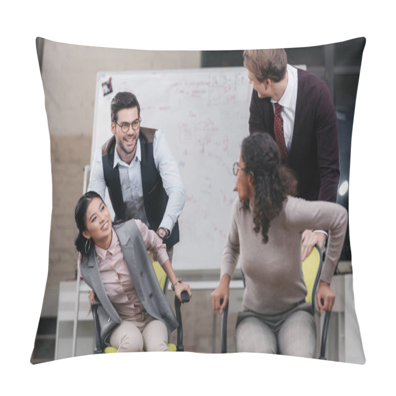 Personality  Multiethnic Businessmen And Businesswomen Have Fun With Swivel Chairs In Office Pillow Covers