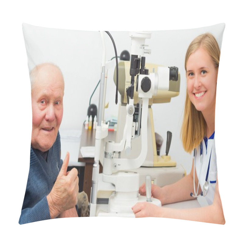 Personality  Contented Elderly Patient At The Optician's Pillow Covers