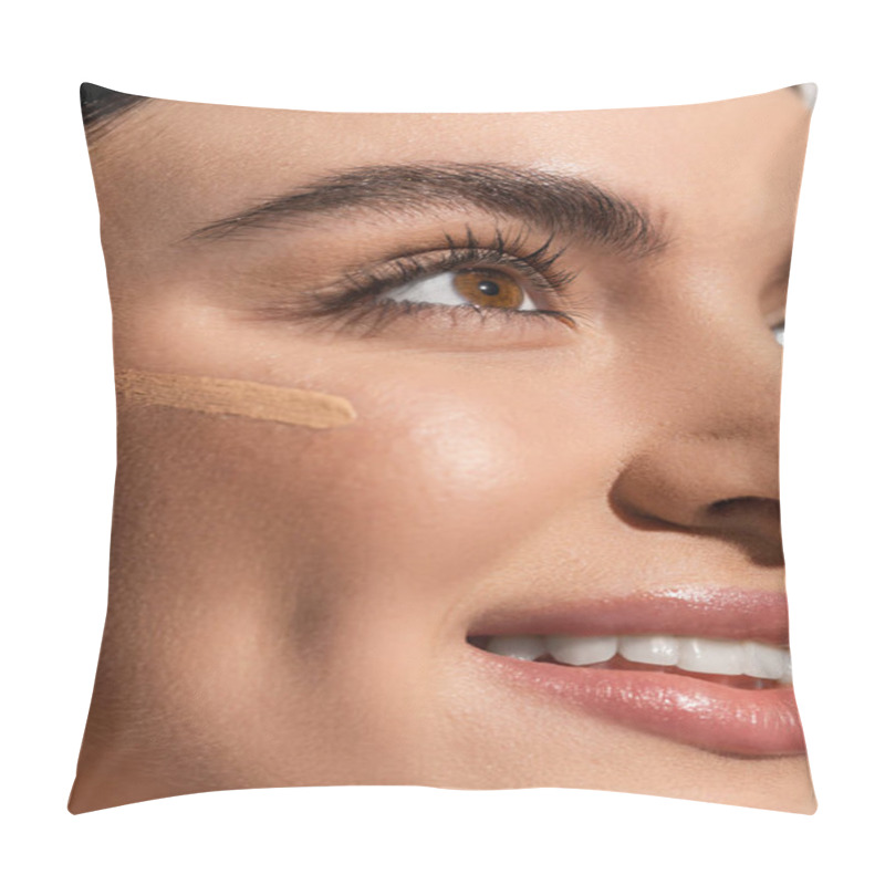 Personality  Makeup Foundation Smudge On Face Of Happy Young Woman With Soft Skin  Pillow Covers