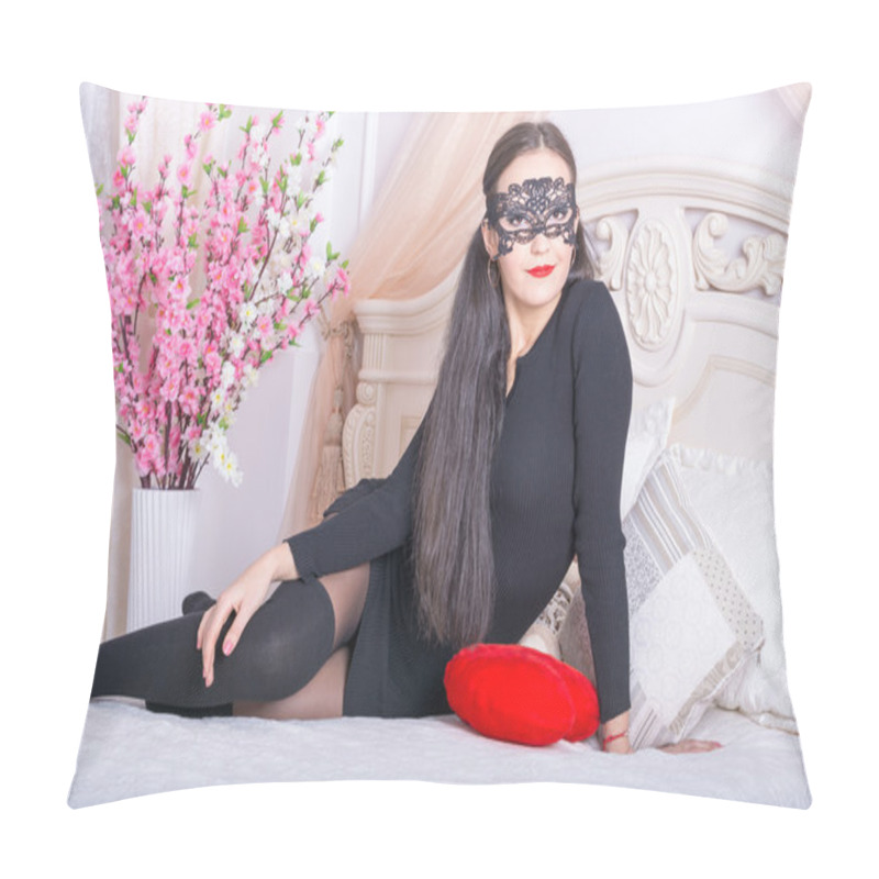 Personality  Young Woman In A Mask On The Bed Pillow Covers