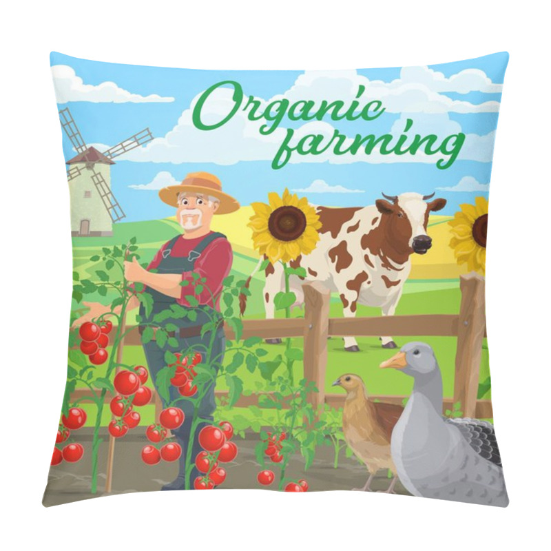 Personality  Organic Farming Food Products, Vector Agriculture. Farmer At Vegetable And Animal Farm, Field And Garden With Cow, Goose And Quill, Windmill, Tomatoes And Sunflowers Near Fence, Ecological Gardening Pillow Covers