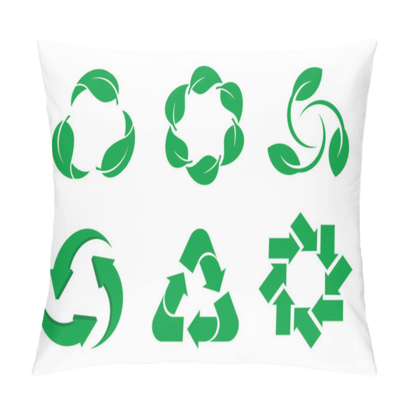 Personality  Sustainability Icon Set. Green Arrows And Leaves Rotating. Recycling Symbol Group. Biodegradable, Compostable, Renewable Natural Material. Reduce, Reuse, Recycle. Vector Illustration, Flat, Clip Art.  Pillow Covers