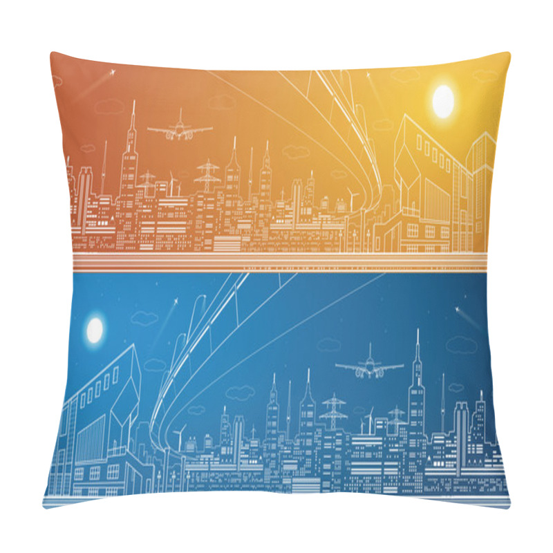 Personality  City Panorama, Night Town, Infrastructure Landscape, Planes Take Off, Flyover, Vector Design, Day And Night Pillow Covers