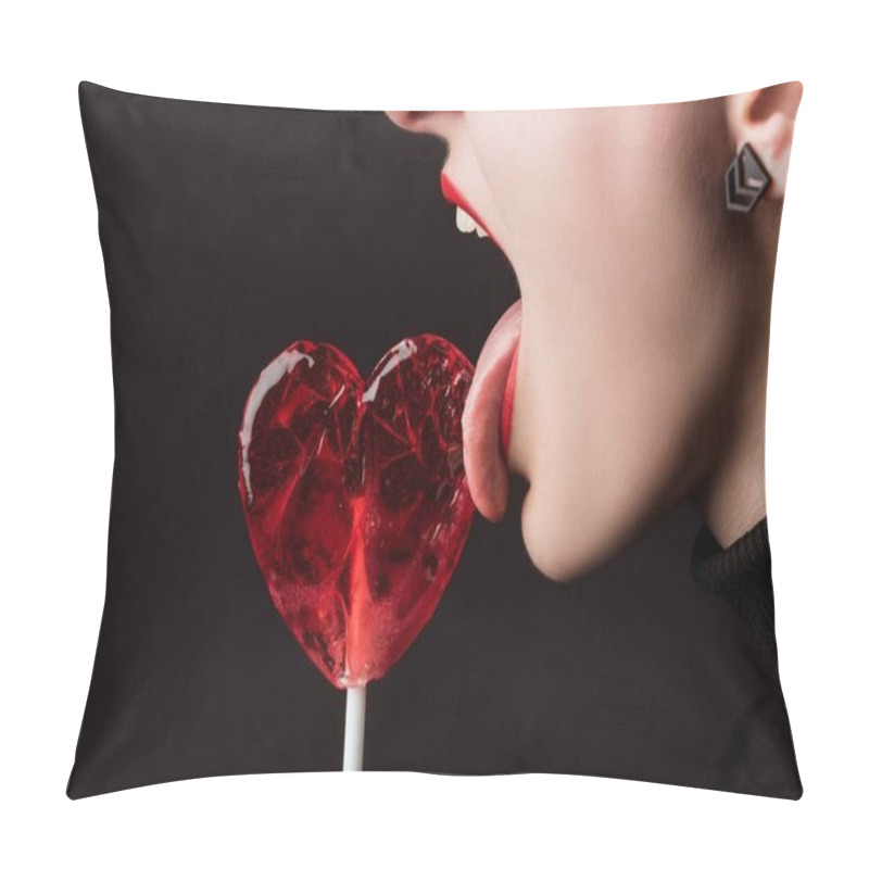 Personality  Cropped Image Of Woman Licking Heart Shaped Lollipop Isolated On Black, Valentines Day Concept Pillow Covers