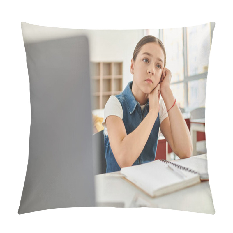 Personality  A Young Girl Engrossed In Thoughts At Her Desk In A Vibrant Classroom Pillow Covers