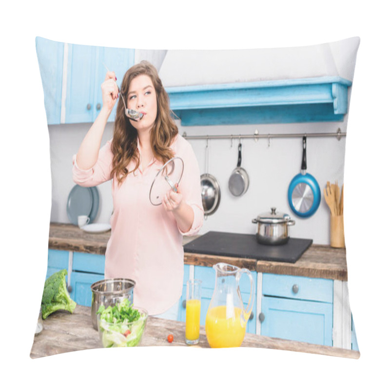 Personality  Portrait Of Young Overweight Woman Cooking Soup In Kitchen At Home Pillow Covers