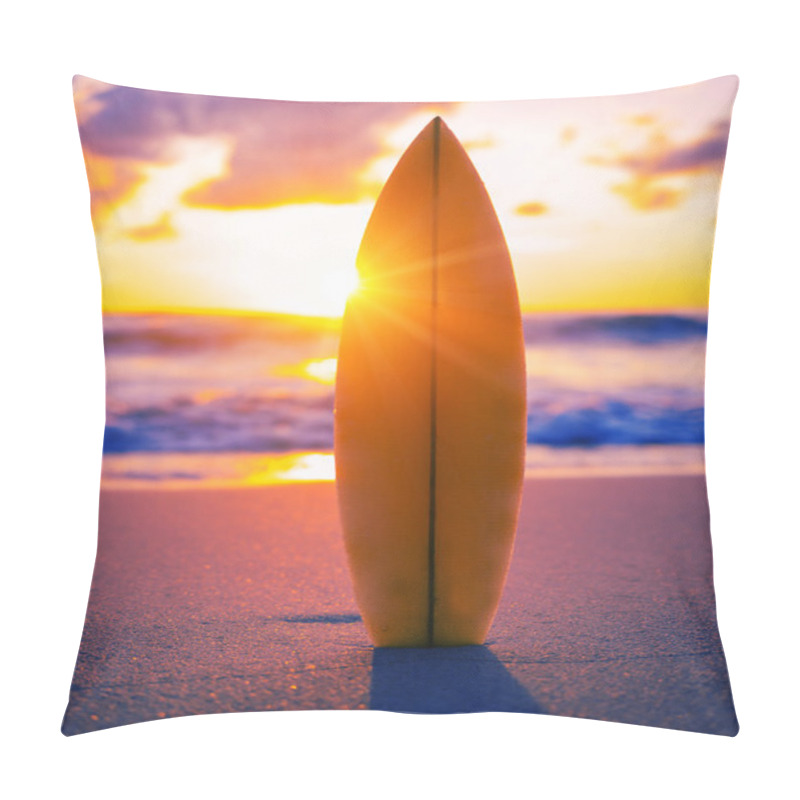 Personality  Surfboard On The Beach At Sunset Pillow Covers