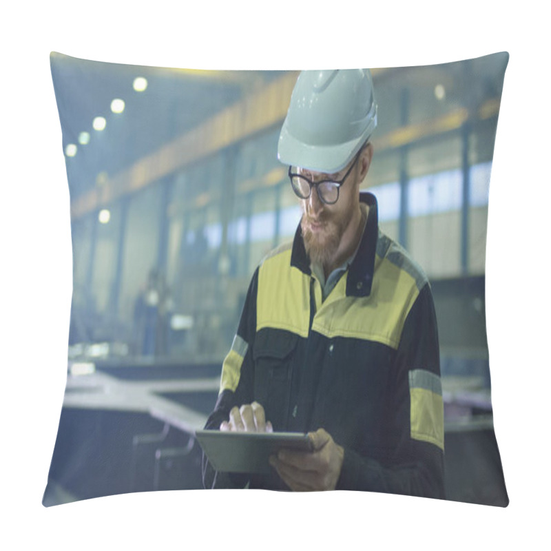 Personality  Engineer In Hardhat Is Using A Tablet Computer In A Heavy Indust Pillow Covers