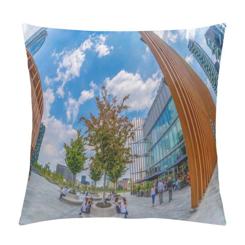 Personality  MILAN, ITALY - JULY 22,2018:Futuristic Unicredit Pavilion Designed By Michele De Lucchi, Unicredit Bank Tower And Buildings From Porta Nuova. Gae Aulenti Square, Financial District At Porta Garibaldi. Pillow Covers