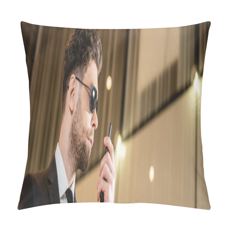 Personality  Good Looking Bodyguard, Security Worker In Suit And Sunglasses Working In Lobby Of Hotel, Professional Headshots, Bearded Man Using Radio Transceiver While Working In Hotel, Banner  Pillow Covers