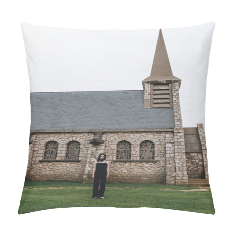 Personality  Attractive Young Woman Standing On Green Grass In Front Of Ancient Church Pillow Covers