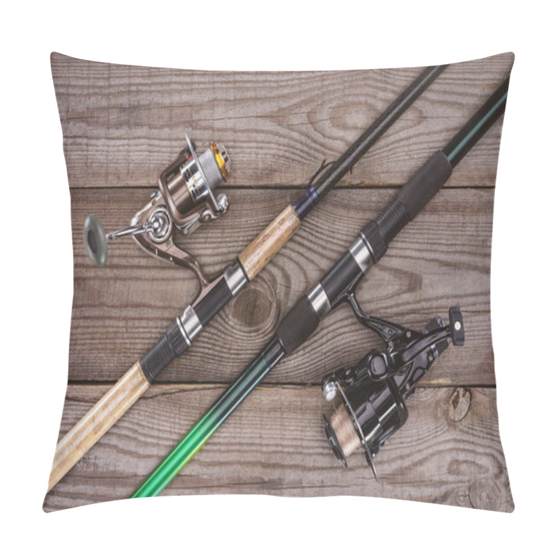 Personality  Top View Of Fishing Rods On Wooden Background, Minimalistic Concept  Pillow Covers