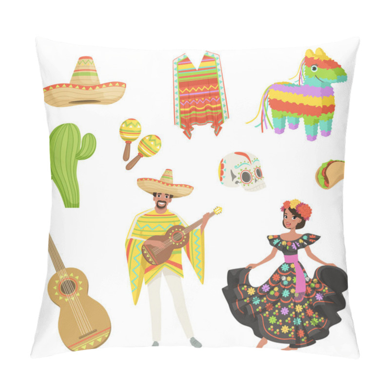 Personality  Set Of Cultural Symbols Mexico. Sombrero, Cactus, Poncho, Maracas, Taco, Pinata, Guitar, Skull. Hispanic Man And Woman In Traditional Costumes. Flat Vector Design Pillow Covers