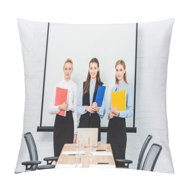 Personality  Successful Young Businesswomen With Folders Of Documents Looking At Camera At Conference Hall Pillow Covers