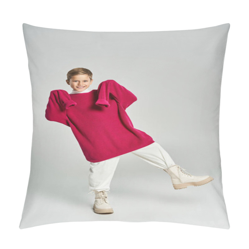 Personality  A Cheerful Boy Models A Vibrant Oversized Sweater While Striking A Fun Pose In Winter Fashion. Pillow Covers