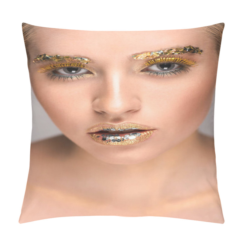 Personality  Attractive Woman With Golden Glitter On Face Looking At Camera Pillow Covers