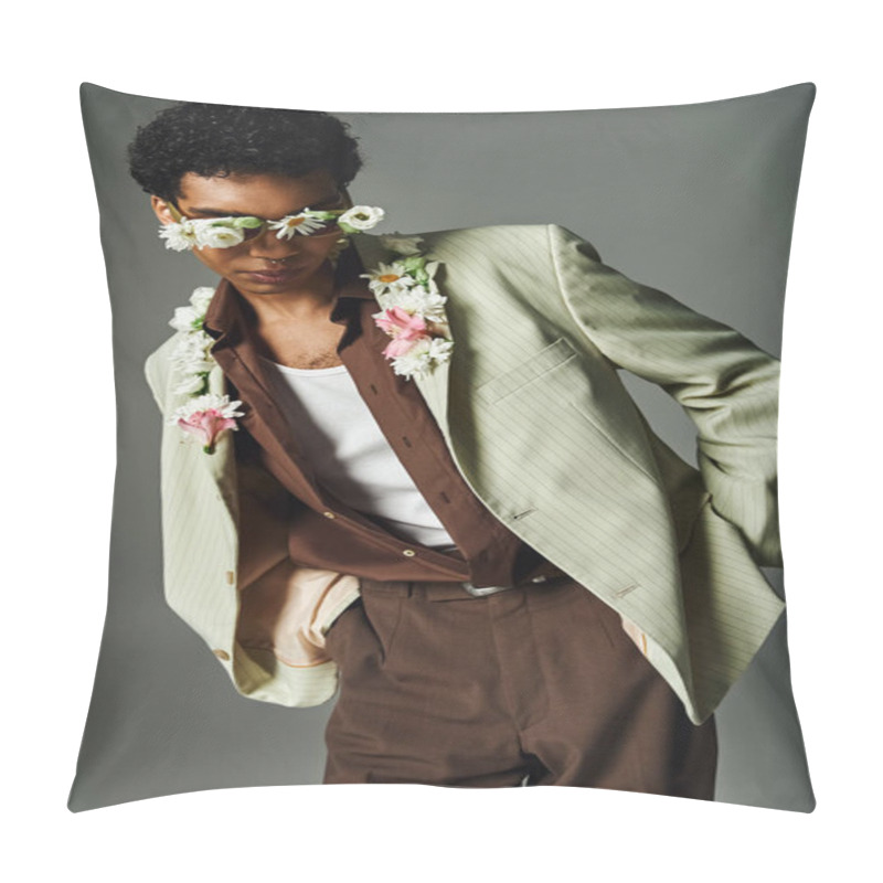 Personality  A Young African American Man Wearing A Stylish Blazer And Floral Accents Poses Against A Grey Backdrop. Pillow Covers