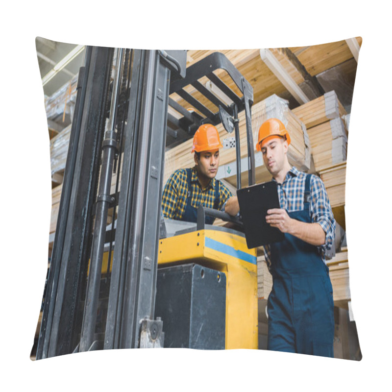 Personality  Multicultural Warehouse Workers Talking Near Forklift Machine Pillow Covers