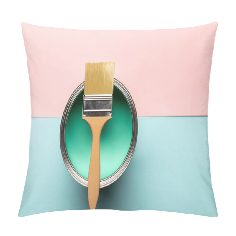 Personality  Top View Of Tin On Green Paint And Brush On Pink And Blue Surface Pillow Covers