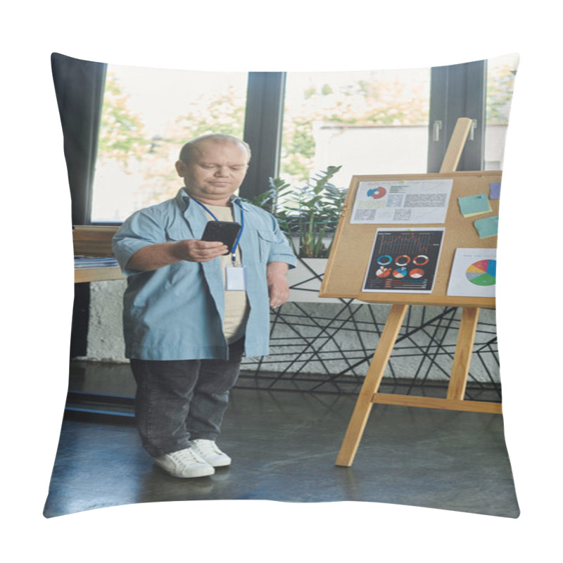 Personality  A Man With Inclusivity Checks His Phone While Standing Near An Office Bulletin Board. Pillow Covers