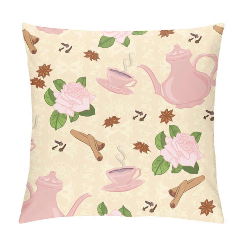 Personality  Seamless Pattern With Coffee Pot, Cups, Cinnamon, Cloves, Anise And Roses. Pillow Covers