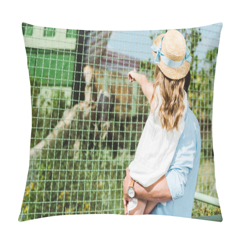 Personality  Cropped View Of Father Holding In Arms Daughter Pointing With Finger At Cage With Monkey  Pillow Covers