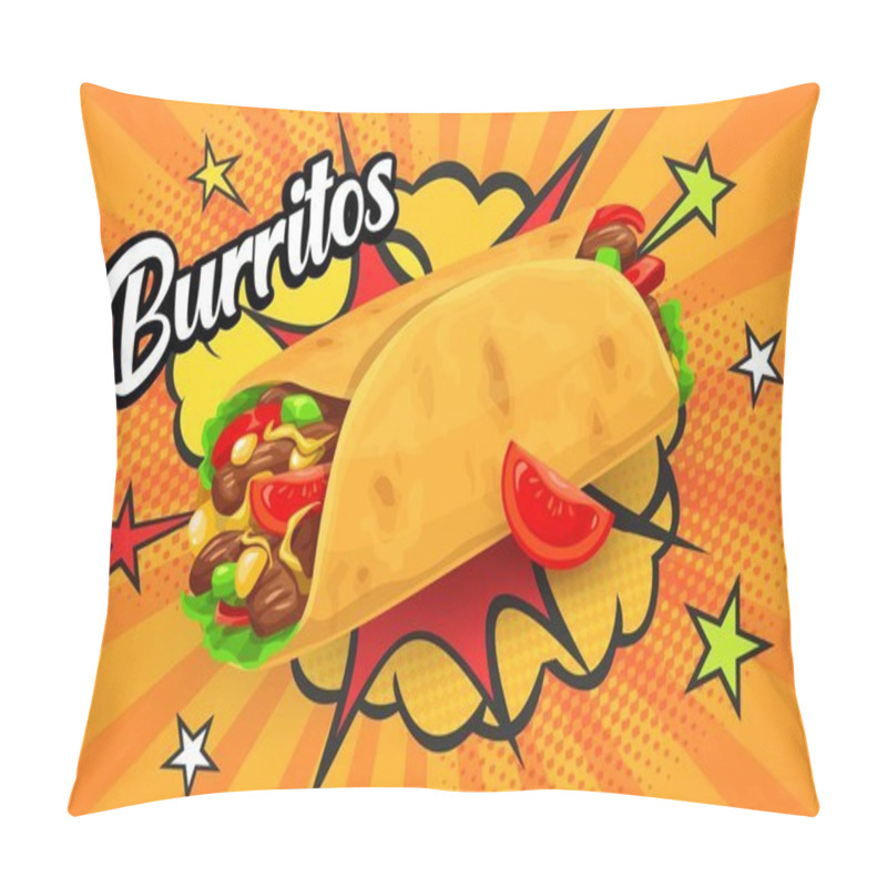 Personality  Tex Mex Mexican Burrito With Retro Comic Halftone Bubbles, Vector Food Poster. Mexican Cuisine Fast Food Or Restaurant Menu With Burrito Wrap And Chili Pepper On Halftone With Cloud Boom Background Pillow Covers