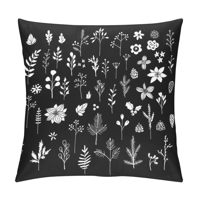 Personality  Set Of White Chalk Flowers, Leaves And Branches On Blackboard. Isolated Christmas Floral Elements. Hand Drawn Vector. Pillow Covers