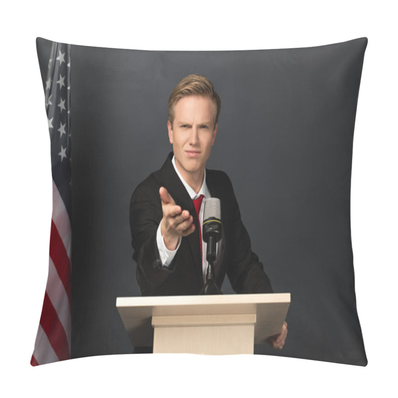 Personality  Emotional Man Pointing With Hand At Camera On Tribune With American Flag On Black Background Pillow Covers