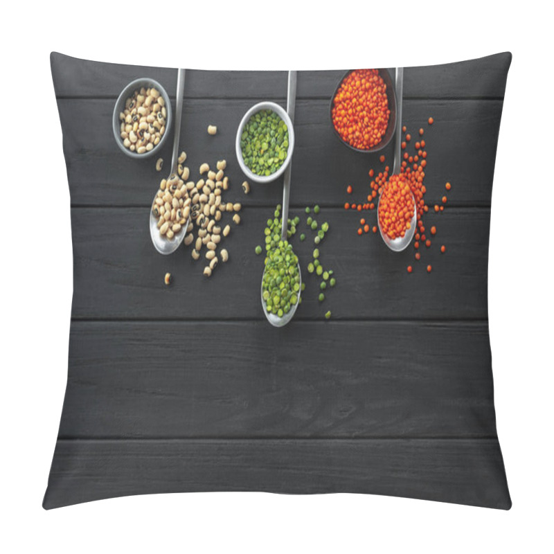 Personality  Superfood. Healthy, Gluten-free Meals. Lentils On Spoon On A Rustic Dark Wooden Background. A Set Of Useful Ancient Grain Foods On Spoons On A Dark Background. An Alternative To Basic Cereals. Flat Pillow Covers