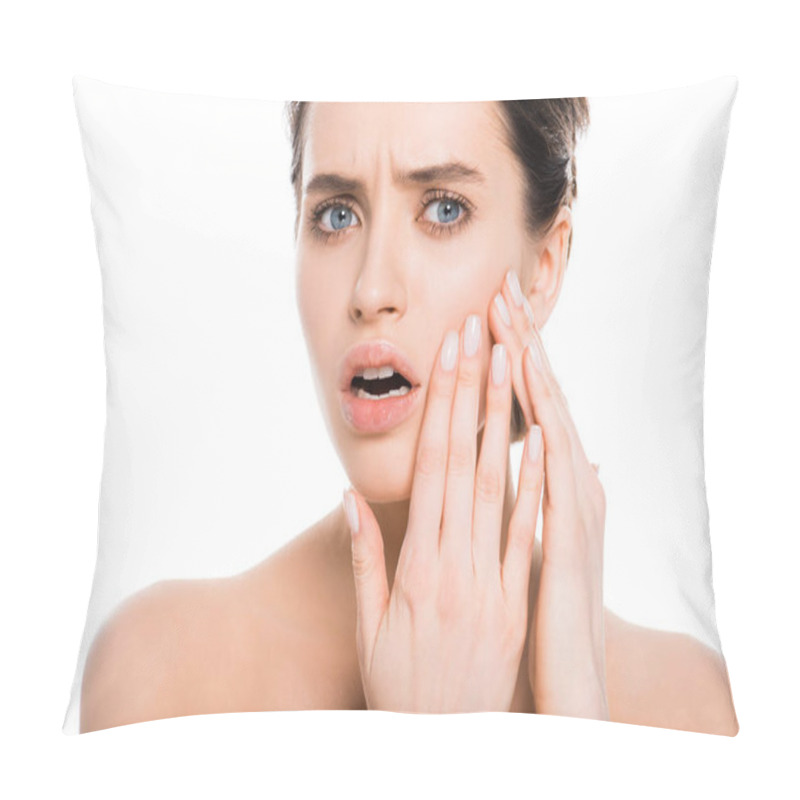 Personality  Surprised Brunette Girl Touching Cheek Isolated On White  Pillow Covers