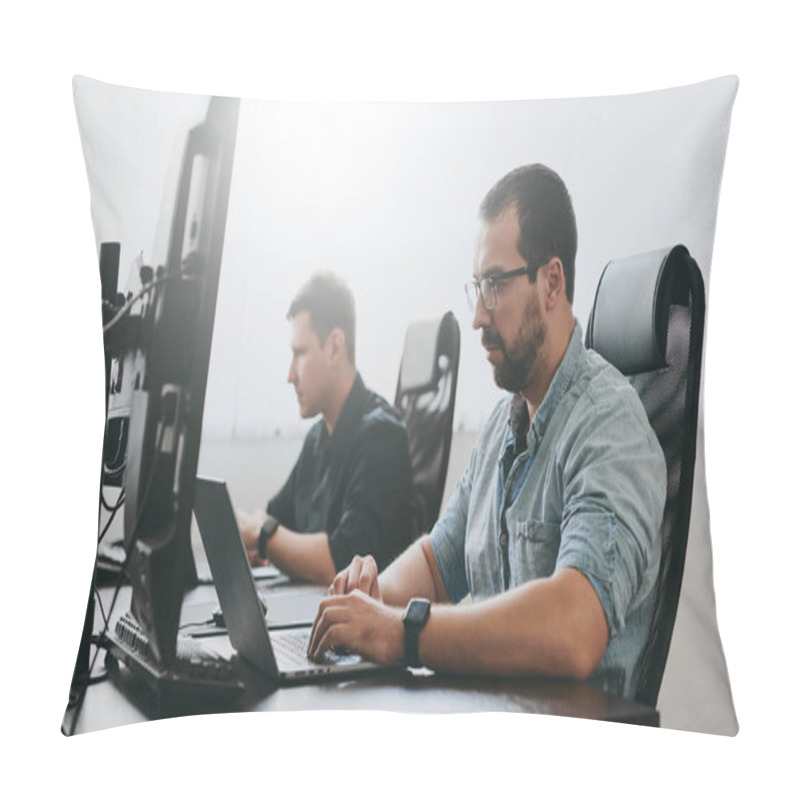 Personality  Portrait Of Two Professional Male Programmers Working On Computer In Diverse Offices. Modern IT Technologies, Development Of Artificial Intelligence, Programs, Applications And Video Games Concept Pillow Covers