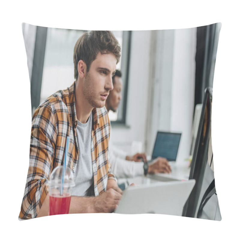 Personality  Selective Focus Of Attentive Programmer Working In Office Near African American Colleague Pillow Covers