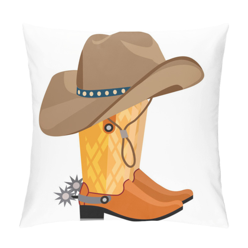 Personality  A Brown Cowboy Hat Rests On Yellow And Orange Cowboy Boots With Spurs, Capturing The Essence Of Western Lifestyle. Ideal For Themes Like Cowboy Culture, Western Style, Rodeo, Adventure, And Farming Pillow Covers