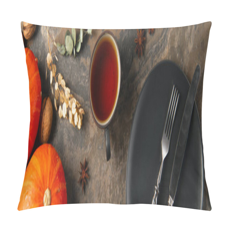 Personality  Cup Of Aromatic Tea Near Orange Pumpkins And Cutlery On Black Ceramic Plate, Thanksgiving, Banner Pillow Covers