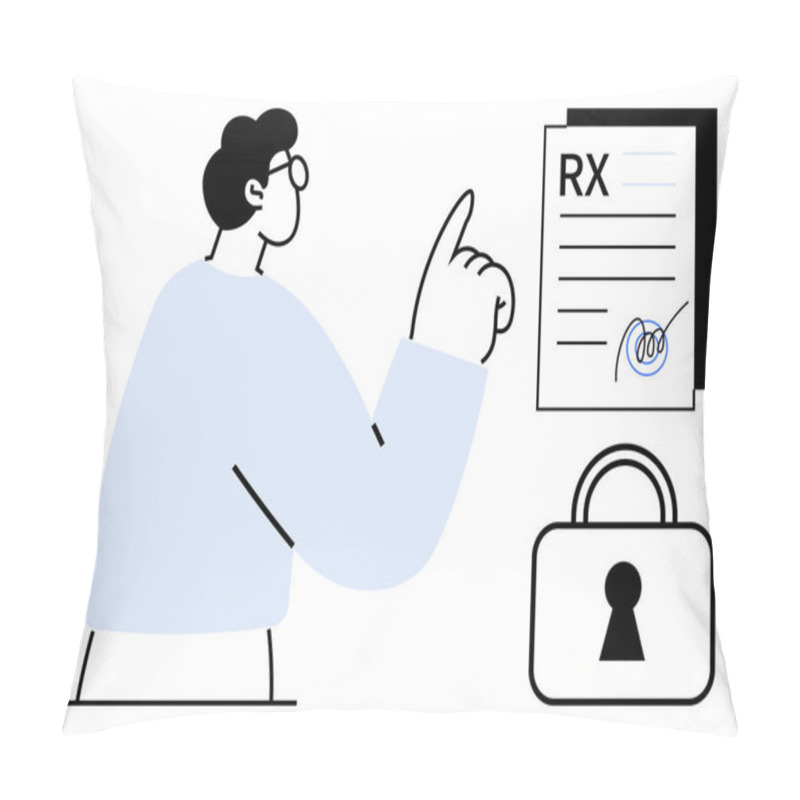 Personality  Person Pointing At Signed Prescription Document With Lock Symbol Nearby. Ideal For Themes Related To Healthcare, Privacy, Security, Medical Records, Authorization, Data Protection, And Policy Pillow Covers