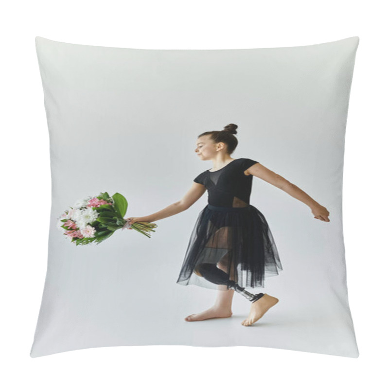 Personality  A Young Girl With A Prosthetic Leg Gracefully Dances With A Bouquet Of Flowers. Pillow Covers