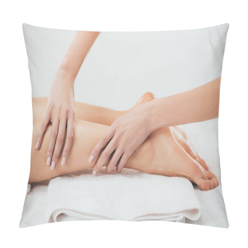 Personality  Partial View Of Masseur Doing Foot Massage To Adult Woman In Spa Pillow Covers