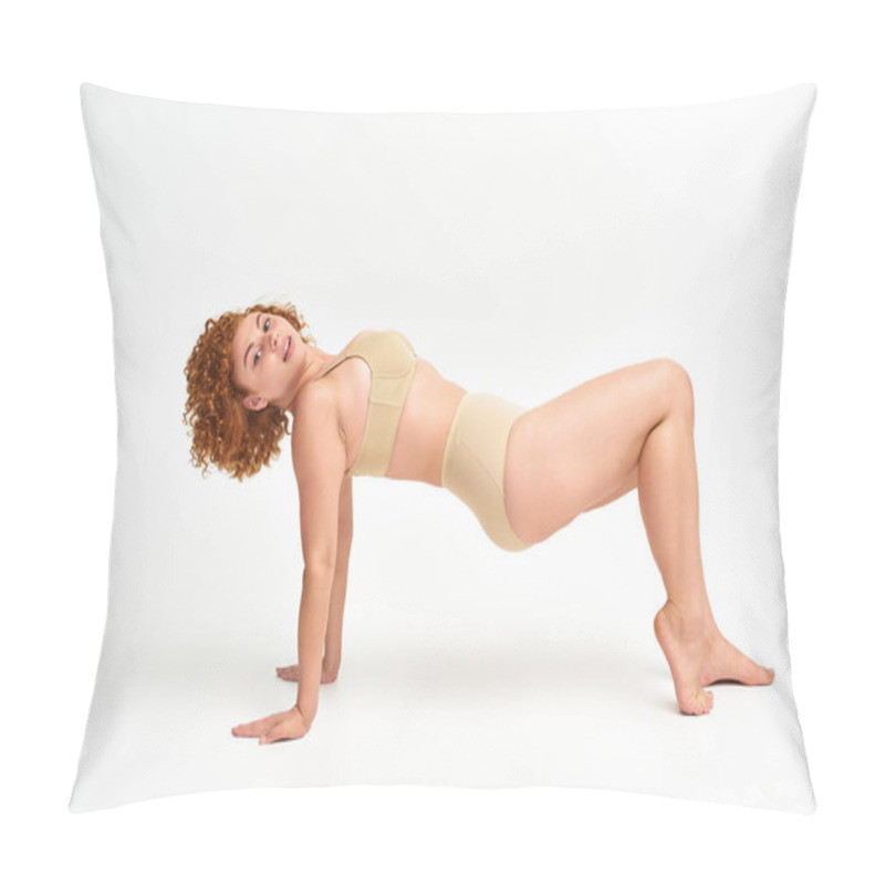 Personality  Redhead Plus Size Woman In Taupe Underwear Posing In Reverse Plank Pose On White, Flexibility Pillow Covers