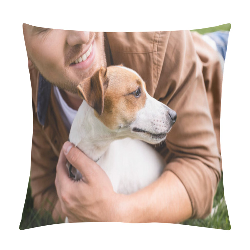 Personality  Cropped View Of Man Cuddling Jack Russell Terrier Dog While Lying On Green Lawn Pillow Covers