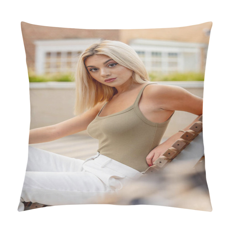 Personality  A Beautiful Young Woman Strolls Through Her Quaint Small Town, Basking In The Warmth Of Spring. Surrounded By Blooming Flowers And Fresh Air, She Radiates Joy, Enjoying The Peaceful Solitude. Pillow Covers